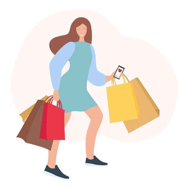 Vettore donna felice che fa shopping online con borse della spesa e telefono nelle sue mani illustrazione vettoriale piatta