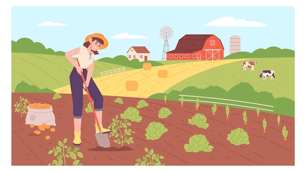 Happy woman harvest vegetables Rural farm scene Vector illustration