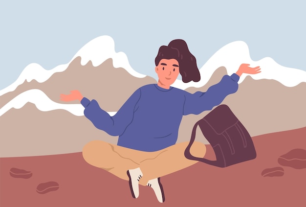 Vector happy woman or hiker with backpack sitting on the background of the mountain landscape. traveling and hiking alone. young female tourist or backpacker enjoying resting. flat vector illustraton.