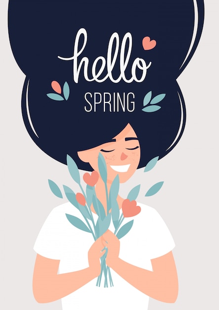 Happy woman holding a bouquet of flowers and the text hello spring