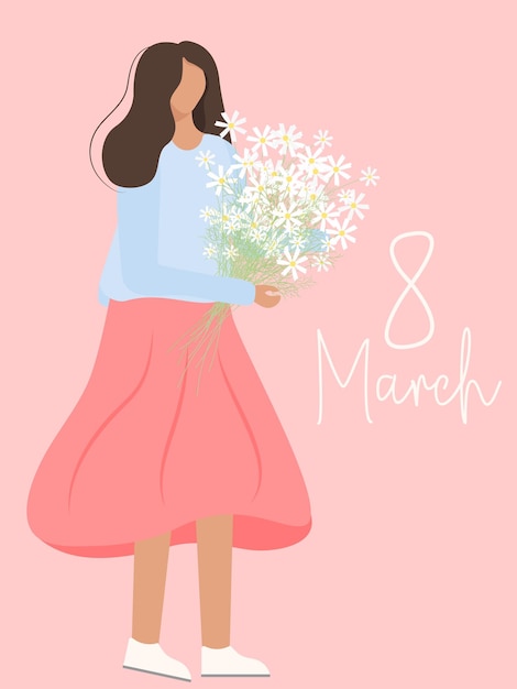 happy woman holding a bouquet of flowers. vector festive concept for international women's day