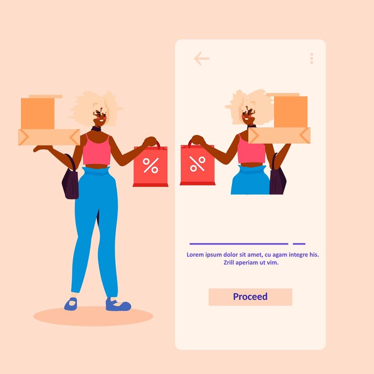 Vector happy woman holding cardboard boxes big sales shopping black friday concept vector illustration