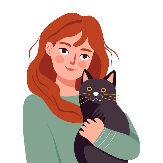 Vector happy woman holding cat pet ownership pet parent happy mew year and cats day adopt cats and make