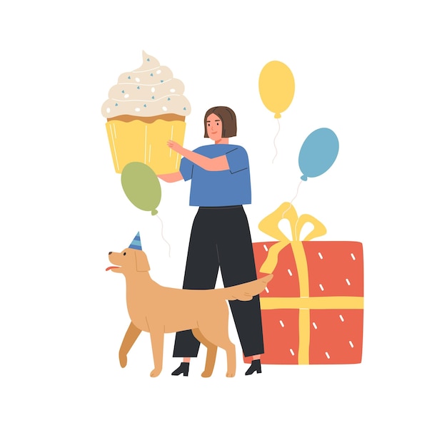 생일 파티를 위해 거대한 축제 컵케이크를 들고 있는 행복한 여성. 케이크, 풍선, 선물을 들고 있는 여성 캐릭터와 개. 축하 개념입니다. 컬러 평면 벡터 일러스트 레이 션 흰색 배경에 고립.