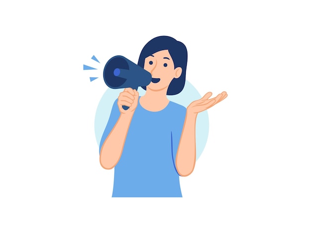 Vettore donna felice che tiene l'altoparlante del megafono che annuncia le informazioni
