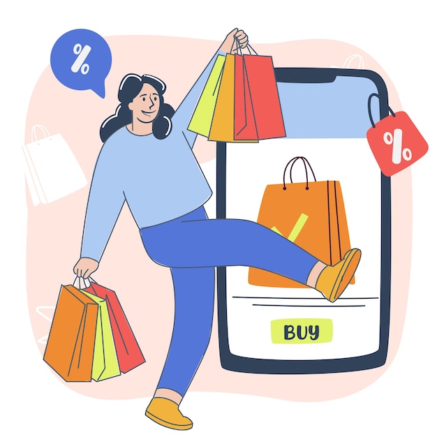 happy woman holding shopping bags with leg up flat design ecommerce illustration