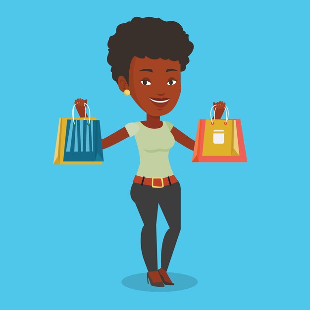 Vector happy woman holding shopping bags.