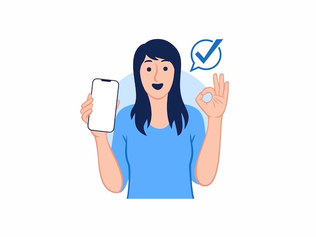 Happy woman holding showing smartphone check mark ok sign pose gesture with fingers