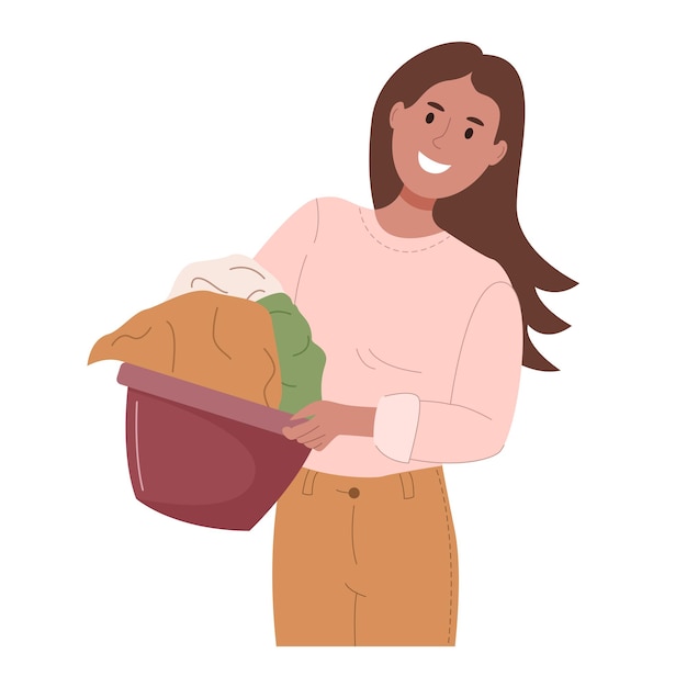 Happy woman holds laundry basket with washed clean clothes Cute smiling female character vector