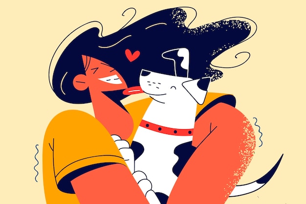 Vector happy woman hugging cute dog