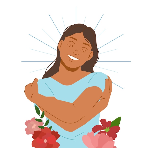 happy woman hugging herself in flat illustration