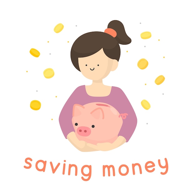 Vector happy woman hugging piggy bank