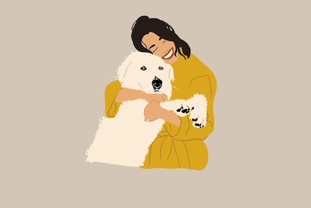 Vector happy woman hugs with a big white dog