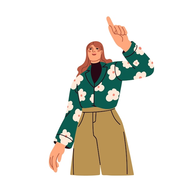 happy woman indicating pointing up with index finger excited surprised person female character looking and showing something with hand gesture flat vector illustration isolated on white background