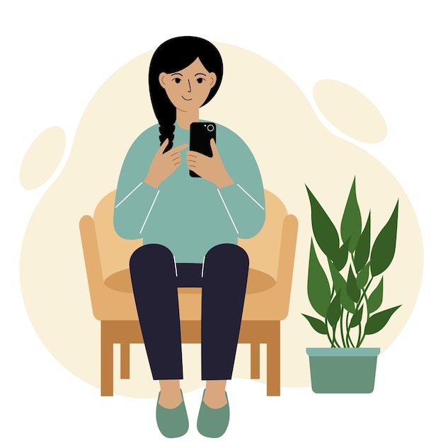 Happy woman is busy with a mobile phone, sitting in a chair. Rest and work at home.