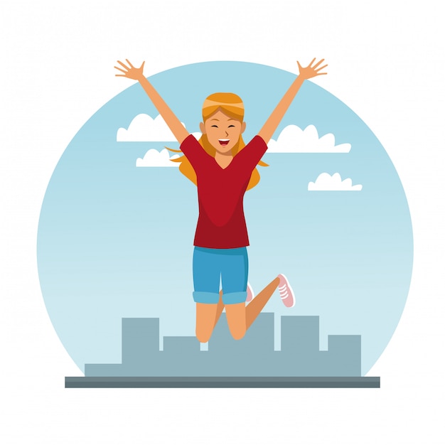 Happy woman jumping at city cartoon