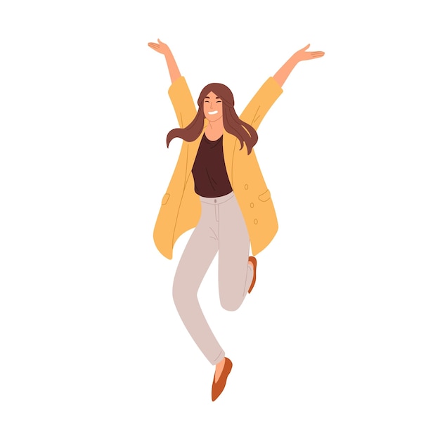 Vector happy woman jumping up from joy and success. rejoicing employee celebrating achievement and victory. delighted successful person. colored flat vector illustration isolated on white background.