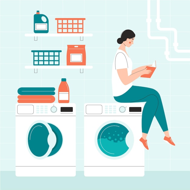 Happy woman in the laundry reads a book. Household chores, housework, housewife. Washing clothes. Flat vector illustration