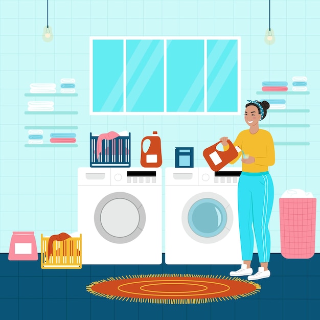 Happy woman laundry. vector illustration in flat cartoon style.