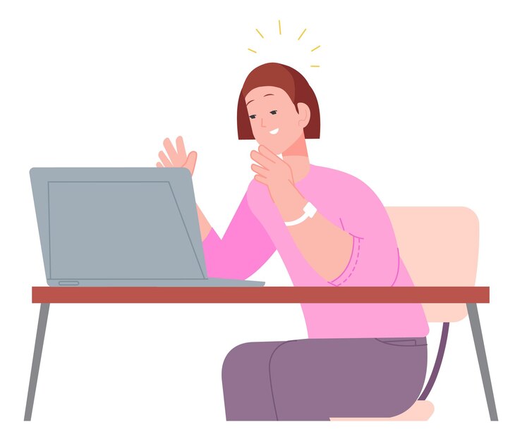 Vector happy woman looking on laptop screen person celebrating triumph isolated on white background