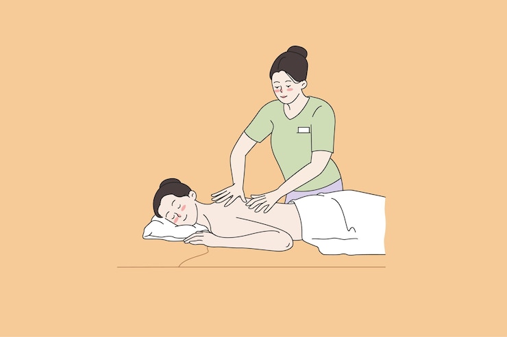 Vector 현대적인 고급 스파 살롱에서 마사지를 받은 행복한 여성