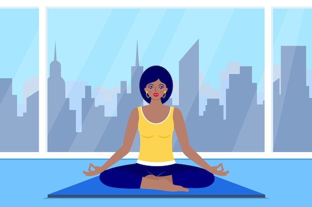 Happy woman meditates sitting at home. yoga concept.