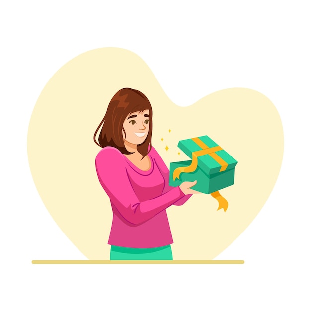 happy woman opening a gift box with excitement vector illustration