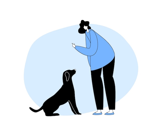 Счастливая женщина-владелец играет или тренирует собаку в парке Женский персонаж проводит время с дружбой домашних животных