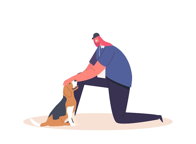 Vector happy woman play with dog volunteer caress puppy character caring and spend time with domestic animal in shelter