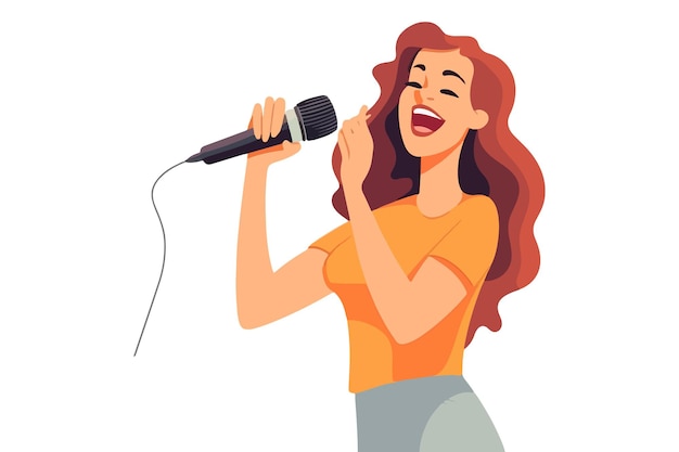 Happy woman pointing at a microphone in her hands Singer or performer concept Vector