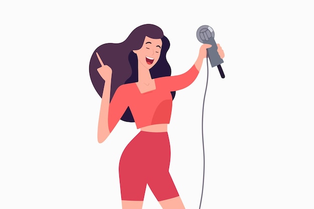 Happy woman pointing at a microphone in her hands singer or performer concept vector
