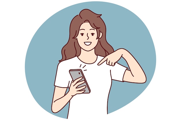 Vector happy woman points finger at mobile phone screen to announce that has read great news vector image