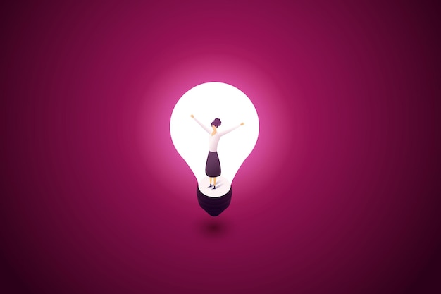 Vector happy woman and the power of great creative ideas is in the light bulb