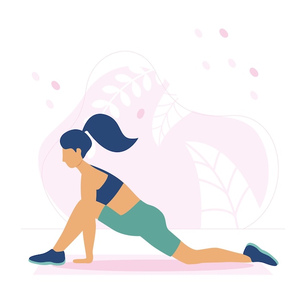 Vector happy woman practices yoga for relaxation. pilates lessons, stretching, fitness, sports, yoga poses