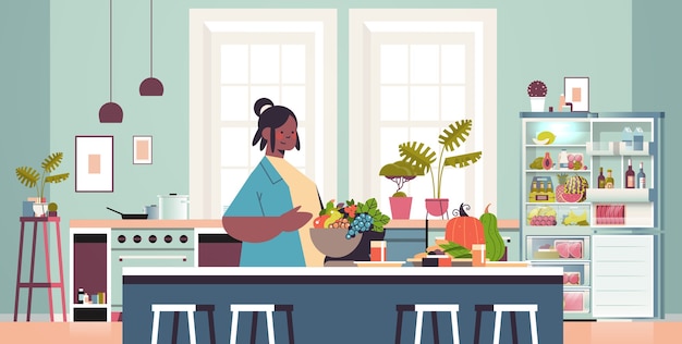 Vector happy woman preparing healthy food at home cooking concept modern kitchen interior horizontal portrait