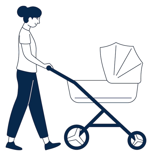 Vector happy woman pushing baby carriage stroller walk