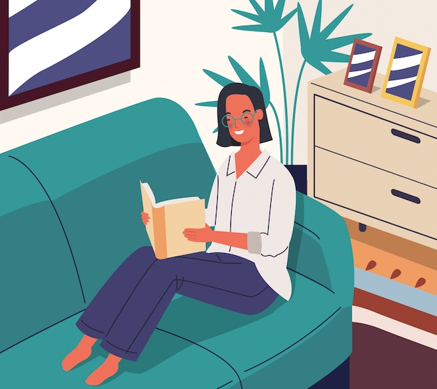 Vector happy woman reading a book sitting on the sofa in the room.