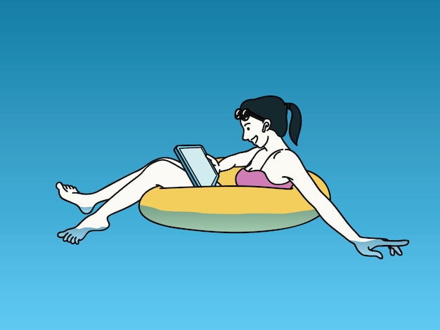 Happy woman relax on rubber ring