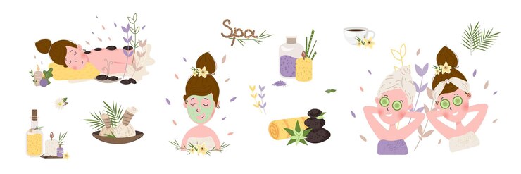 Vector 스파 센터 평면 그림 세트에서 편안한 행복 한 여자