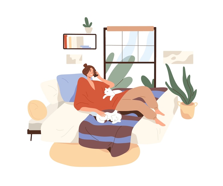 Vector happy woman relaxing with cats on bed at home person resting in cozy bedroom with pets lying talking on mobile phone at weekend leisure time flat vector illustration isolated on white background