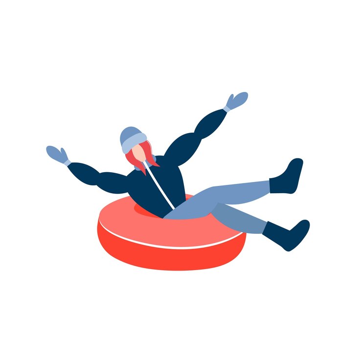 Vector happy woman riding on snow tubing donut cheerful woman sliding down on snow tube and raise hands vector stock illustration