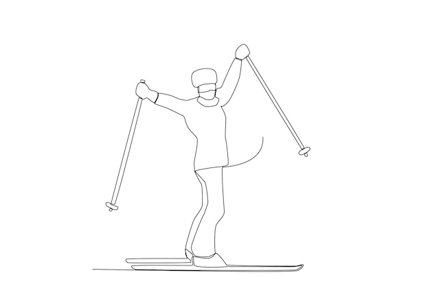 A happy woman rises the ski poles line art