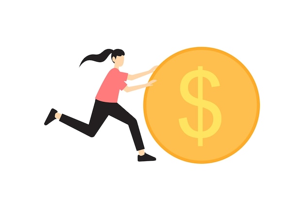 Happy woman running with coins