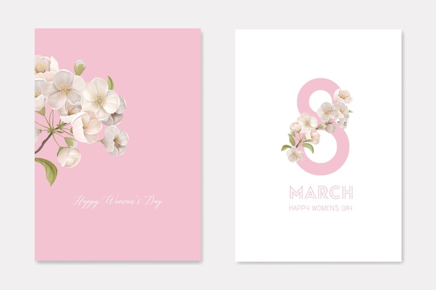 Happy Woman's Day 8 March Greeting Cards Set with Cherry Branch and Eight Number. White Sakura Flowers Decorative Ornamental Template. Floral Poster Flyer Brochure Cartoon Flat Vector Illustration