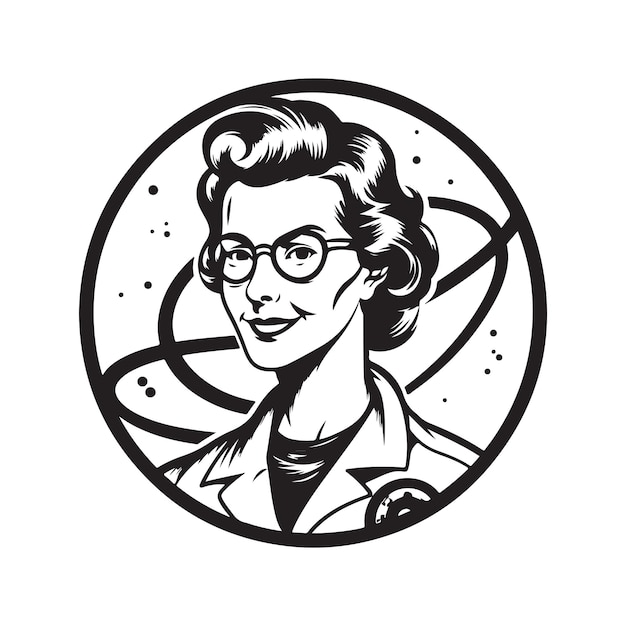 Vettore illustrazione disegnata a mano di colore bianco e nero di concetto di arte linea logo vintage scienziato donna felice