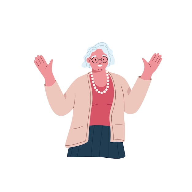 Happy woman of senior age gesturing with hands greeting and welcoming smb with smile and joy Positive granny Joyful emotional grandmother Flat vector illustration isolated on white background