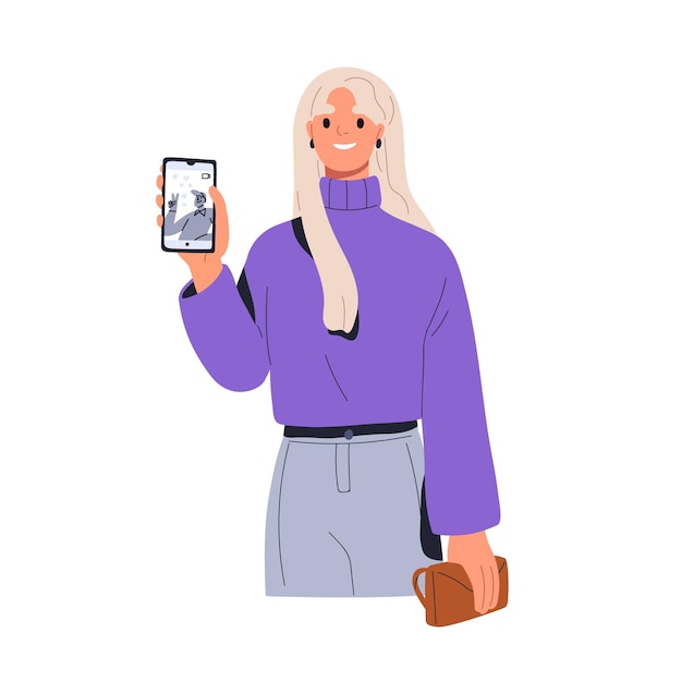 Vector happy woman showing mobile phone screen during video conference call with friend female holding smartphone in hand live communication with man flat vector illustration isolated on white background