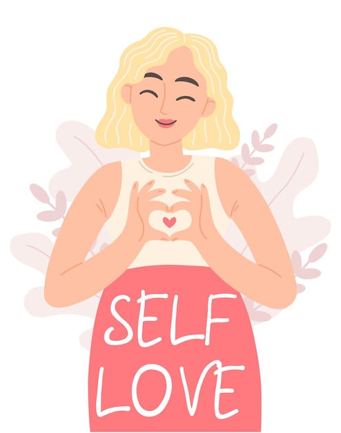 Vector a happy woman shows heart with her hands with text self love self love design concept vector illustration