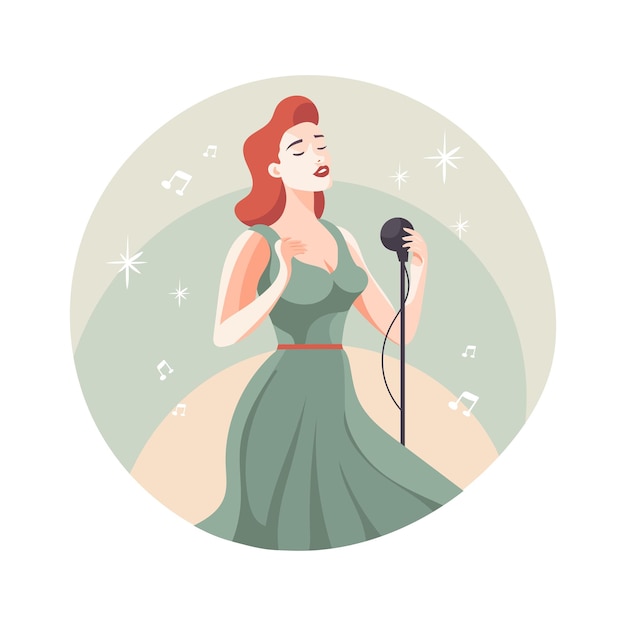 Happy woman singer rock or pop vocalist wearing dress and singing in microphone