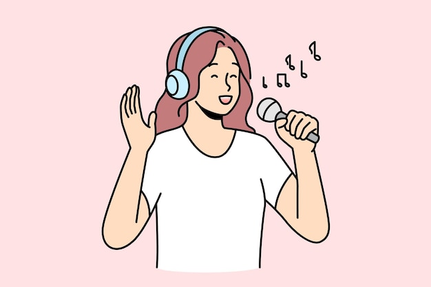 Happy woman singing in microphone